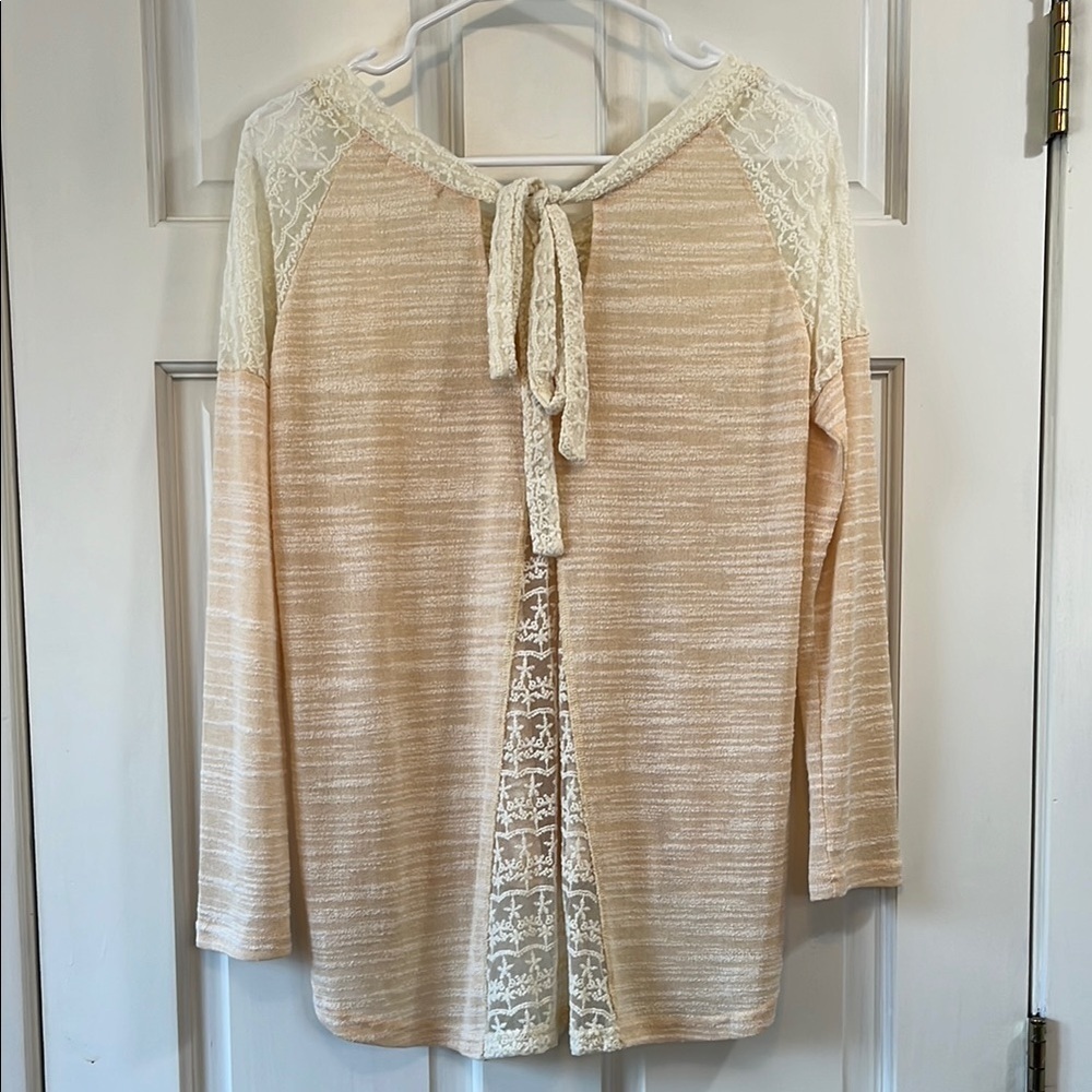Anthropologie Hazel Peach Cream Lace Insert Bow Tie Back Blouse - Size XS - Picture 9 of 15